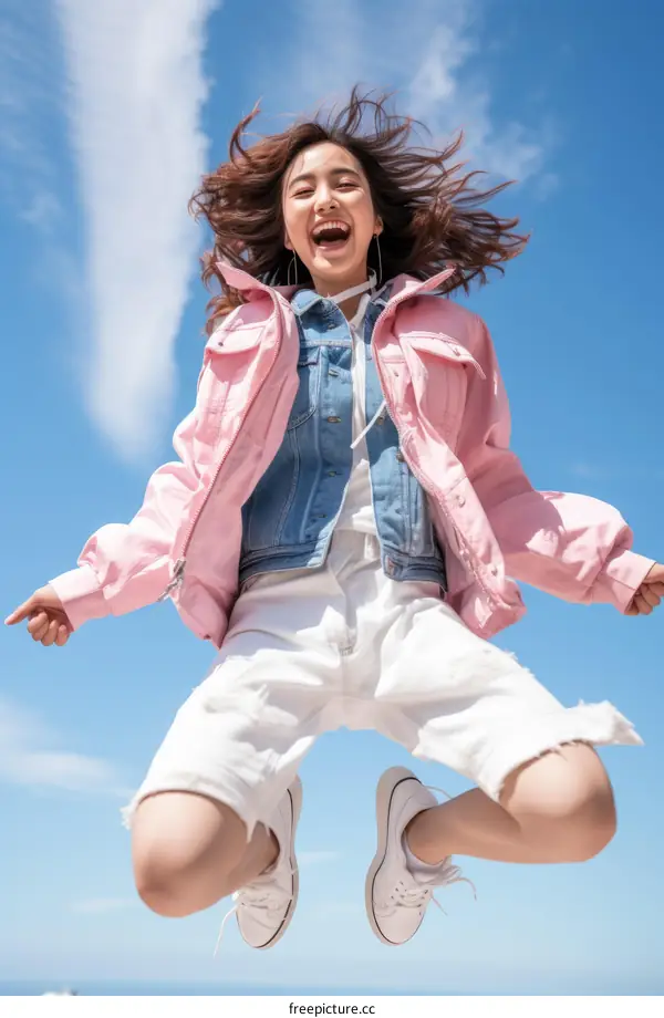 A young woman is jumping in the air with joy