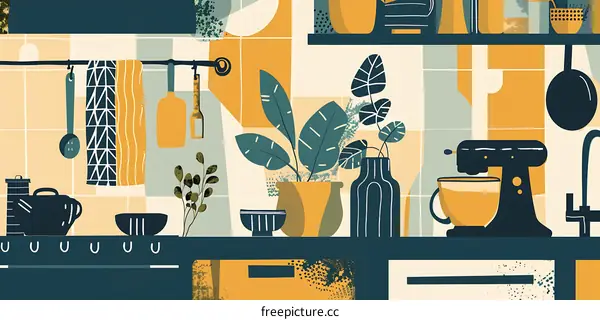 Modern Kitchen Illustration with Yellow and Blue Color Scheme