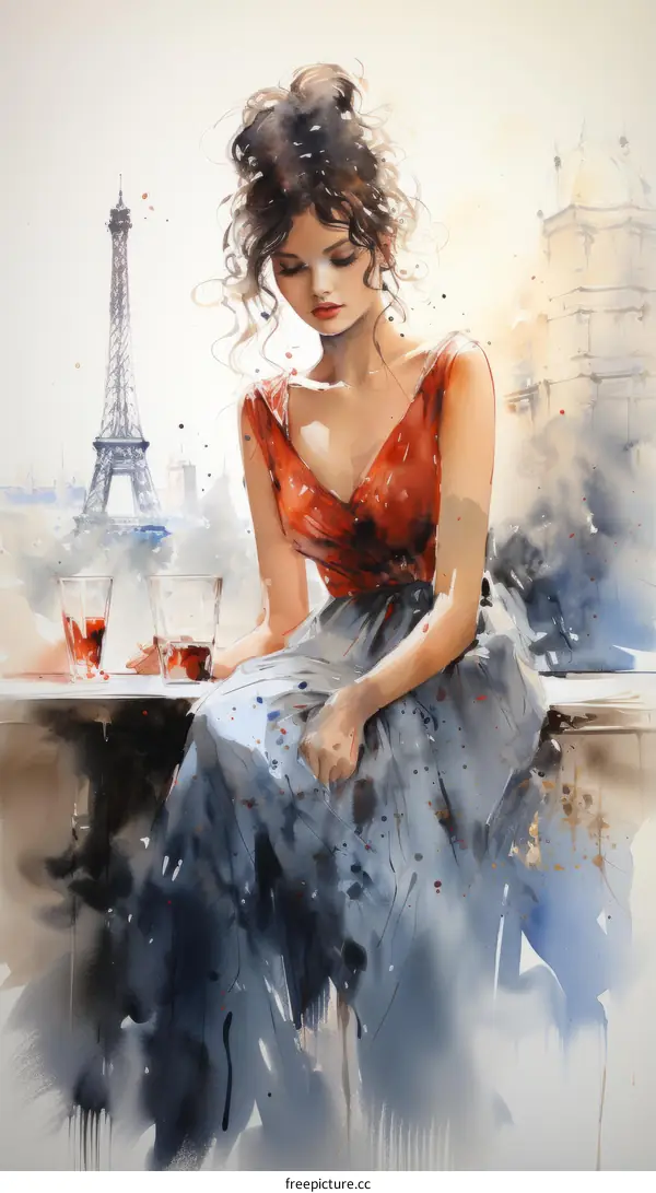 Elegant Lady in Red Dress on Parisian Balcony with Eiffel Tower View