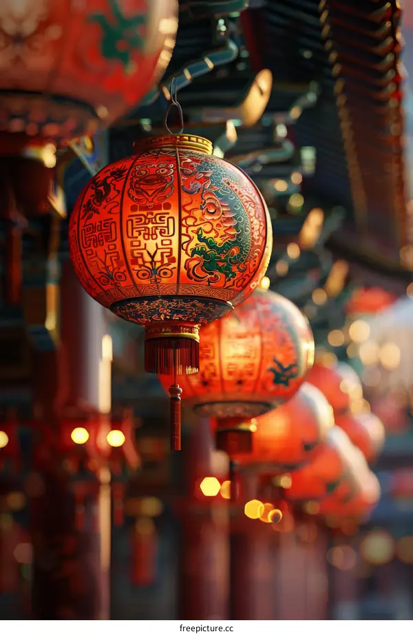 Red Lanterns Adorn the Night Sky During Chinese New Year Celebrations