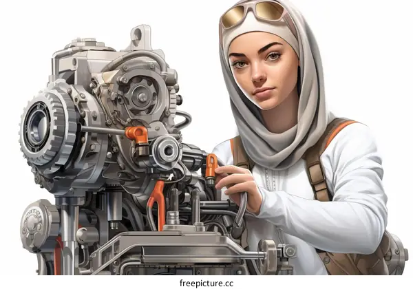 A young female mechanic in a white headscarf works on a car engine.