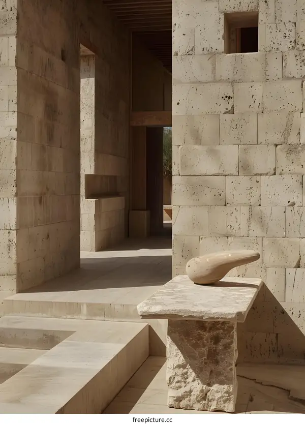 Stone Sculpture in a Minimalist Courtyard
