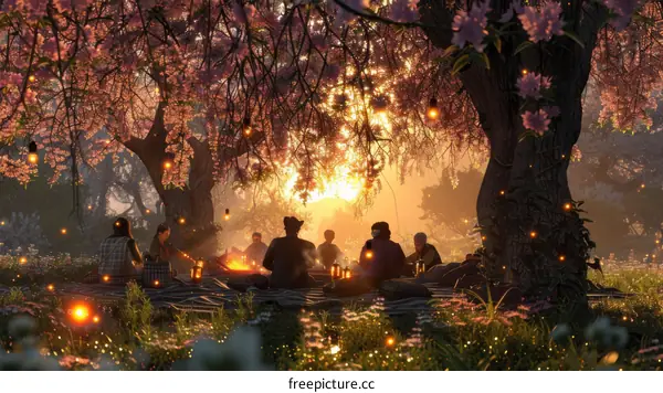 A group of friends having a picnic in a forest