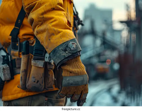 Construction worker wearing a yellow jacket and a glove