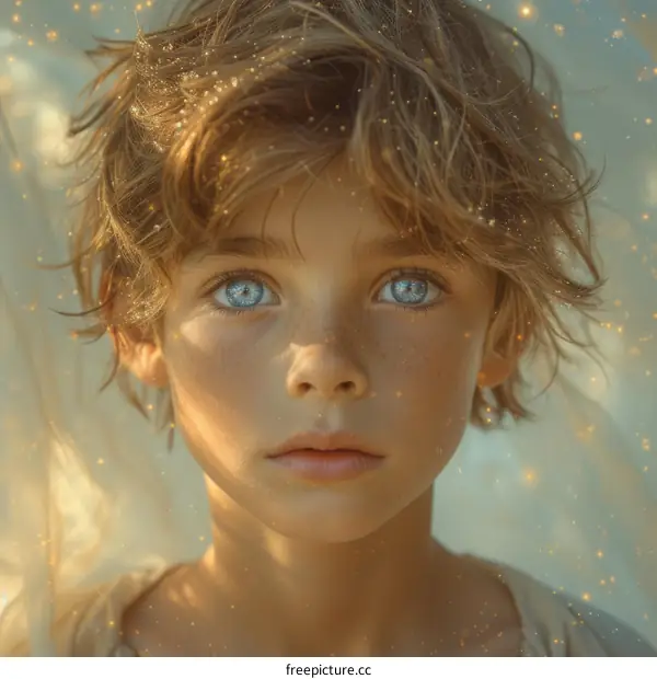 Portrait of a boy with freckles and blue eyes