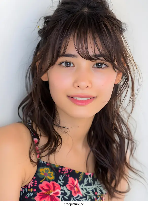 Portrait of a smiling young Japanese woman with long brown hair