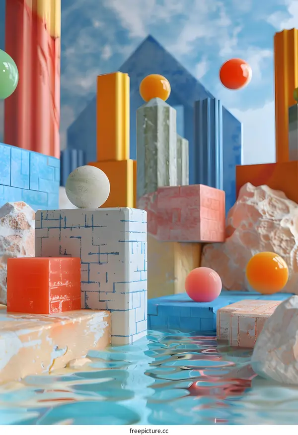 Colorful 3D geometric shapes with water