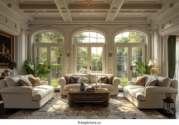 Bright living room with white sofas and plants