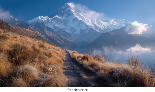 The majestic beauty of the snow-capped mountain peak of Annapurna