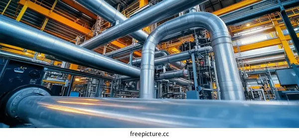 Industrial Pipes and Machinery in a Factory