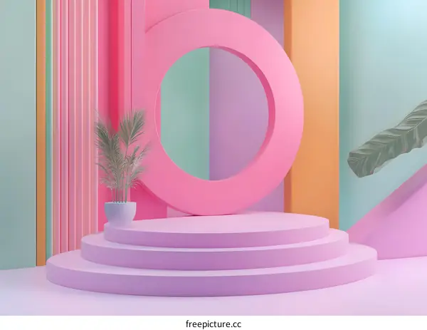 Abstract Pastel Background With Geometric Shapes And Plants