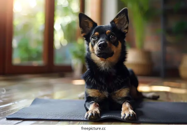 A cute dog lying on a yoga mat