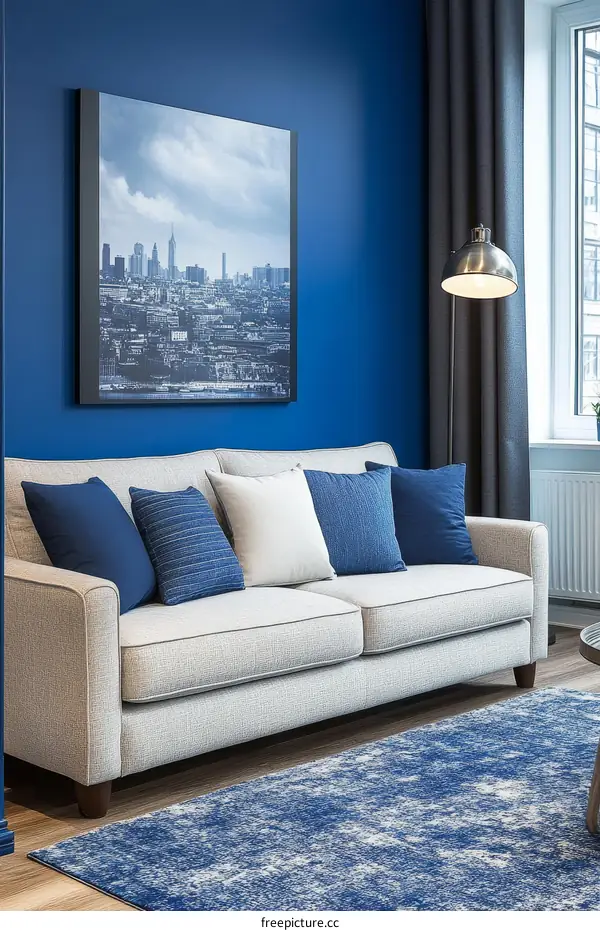 Modern Living Room Interior Design with Blue Accent