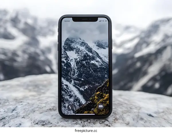 Smartphone with Mountain Wallpaper on a Snowy Rock