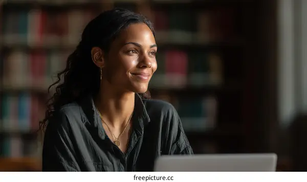 Thoughtful Young Woman in a Library Setting
