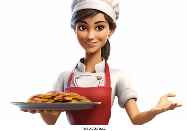 A female chef holding a plate of pancakes