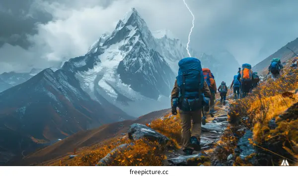 Mountaineers on a treacherous path with a lightning storm in the distance