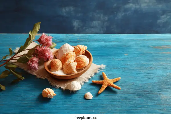 Seashells on Wooden Table with Flowers