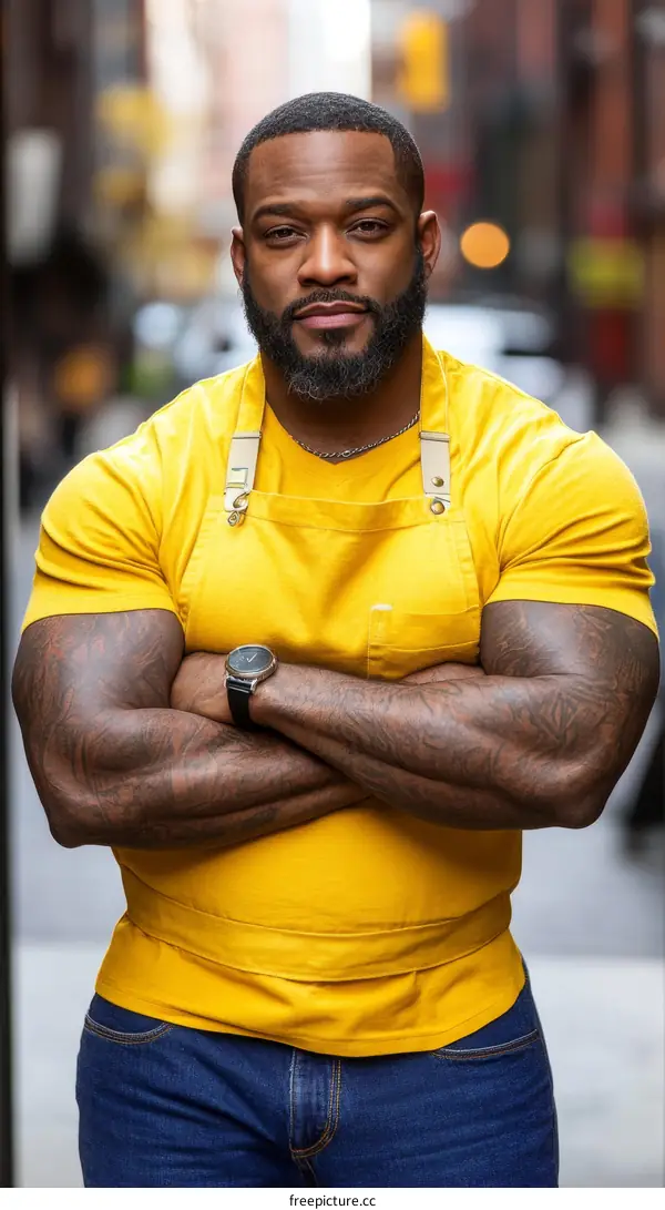 Portrait of a Black Chef in a Yellow Apron