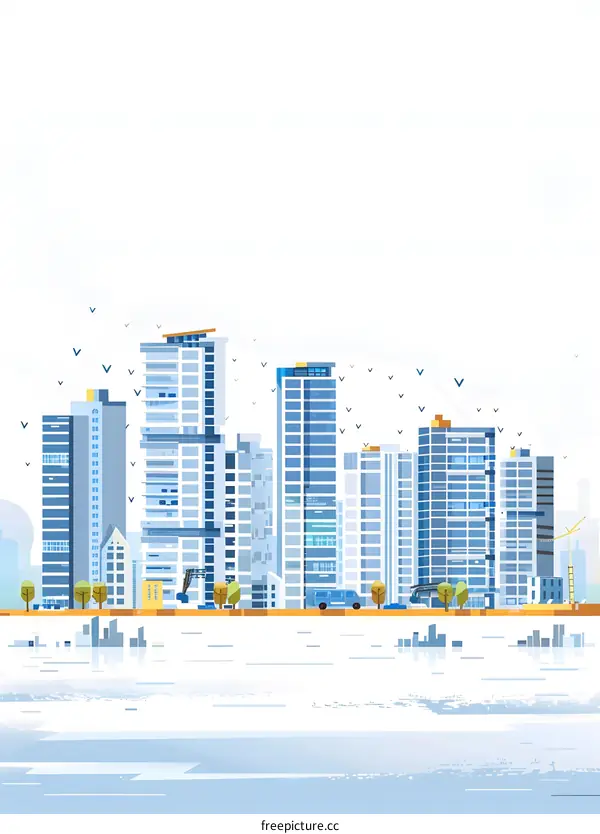 Modern City Skyline with Buildings and Reflections in Water