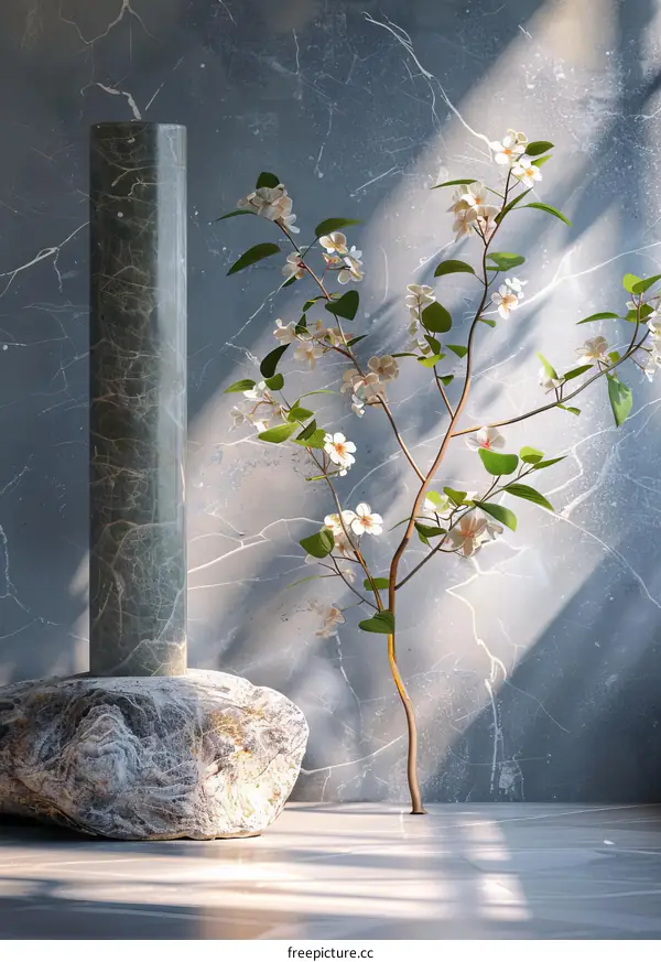 Modern Stone Column with Blooming Branch