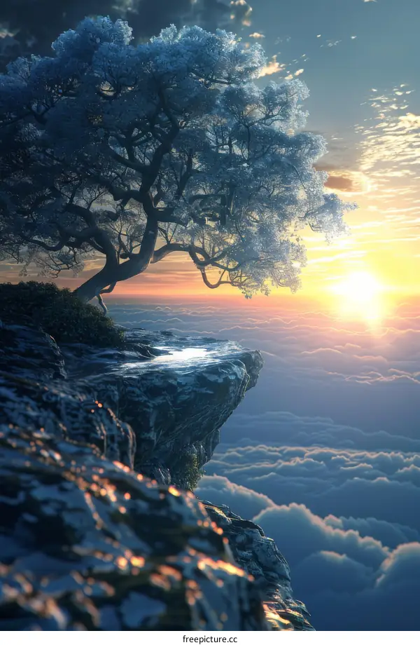 A Lonely Tree Perched on a Cliff Overlooking a Sea of Clouds