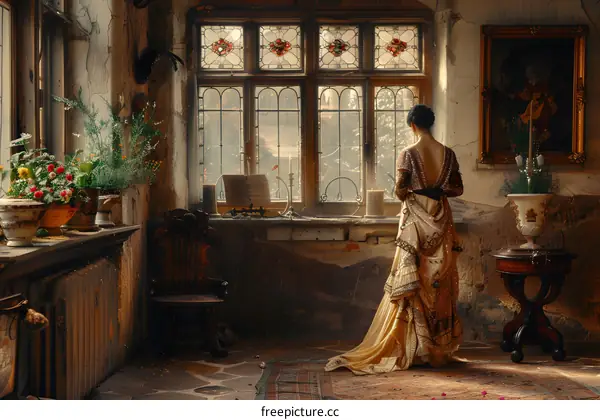 woman in historical dress standing by the window