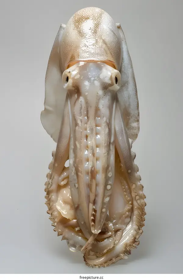 A close up of a squid against a white background