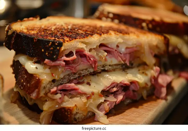 A Reuben sandwich with melted cheese and corned beef on rye bread