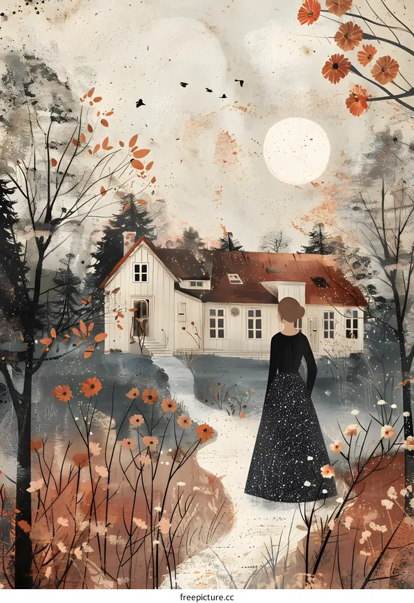 girl in black dress walking towards a house in the woods