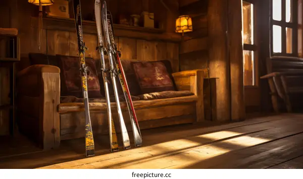 skis and a couch in a cozy wooden cabin