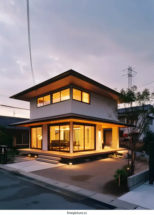 Modern Japanese House Design With Large Windows And Wooden Roof