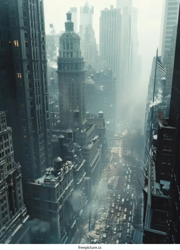 Aerial View of a Foggy City Street