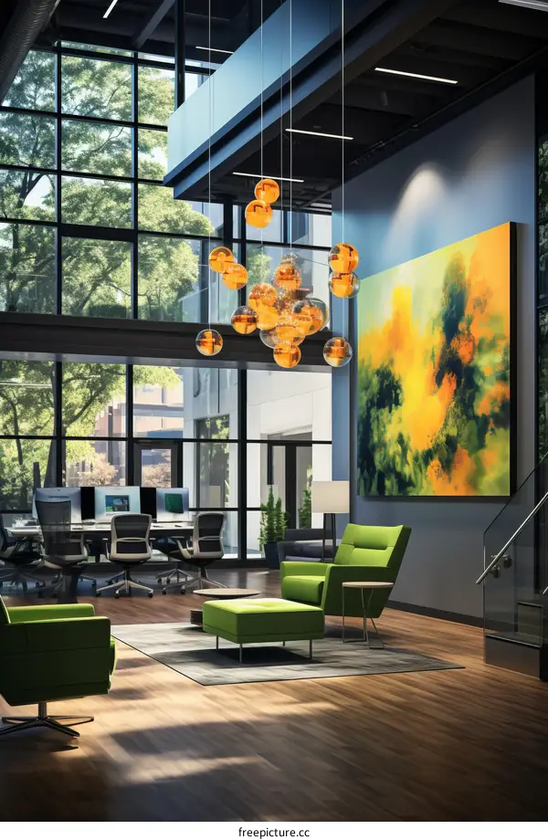 Office interior with green chairs and large painting