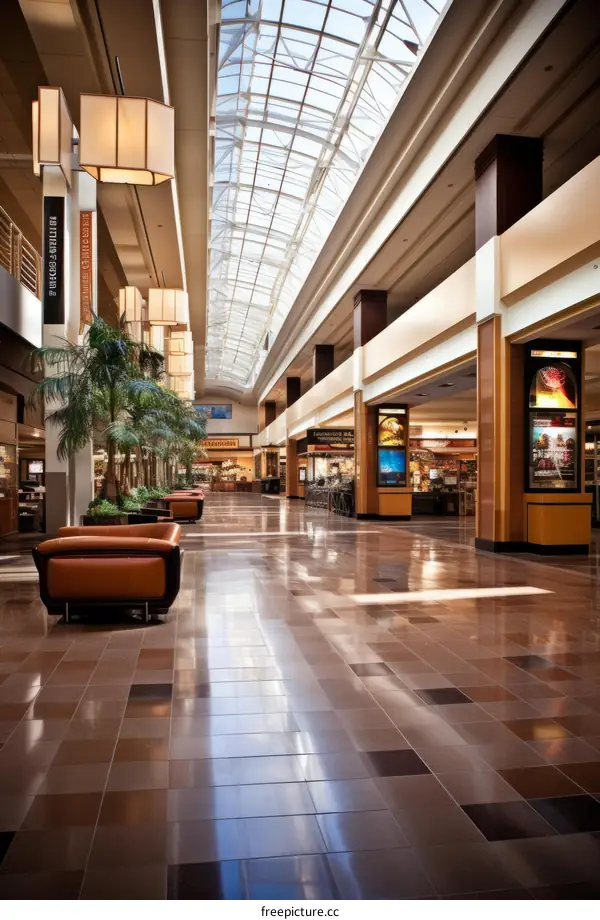 An empty shopping mall with a glass roof
