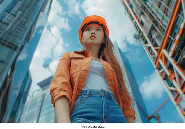 Asian woman wearing hard hat at construction site