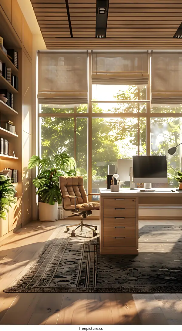 Home office interior design with large windows and a view of the garden