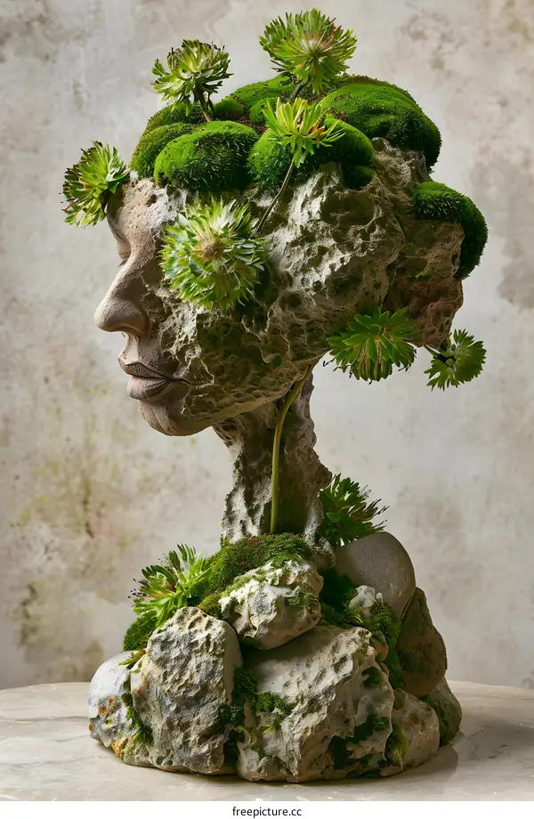 Stone Sculpture with Moss and Plants