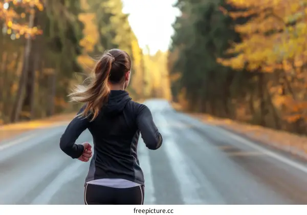 Young woman running on a rural road in autumn