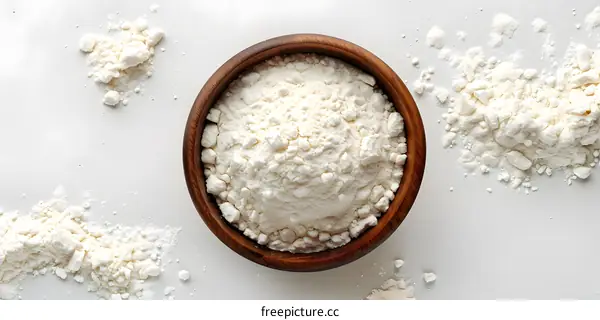 Wooden bowl full of white flour on white background