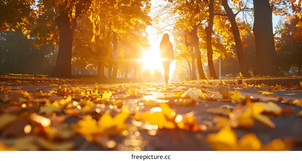 The sun shines through the trees in the park in autumn