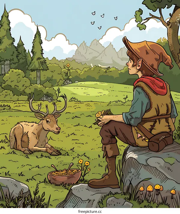 Fantasy Illustration of Elf Sitting on a Rock and Eating in the Forest