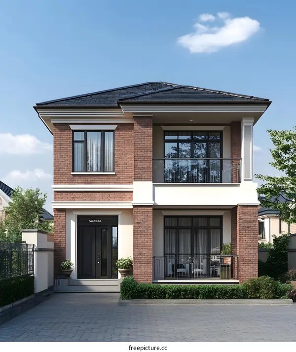 Modern Two Storey Brick House with Balcony