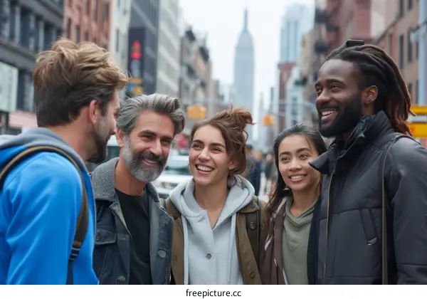 A group of friends are walking down the street and talking