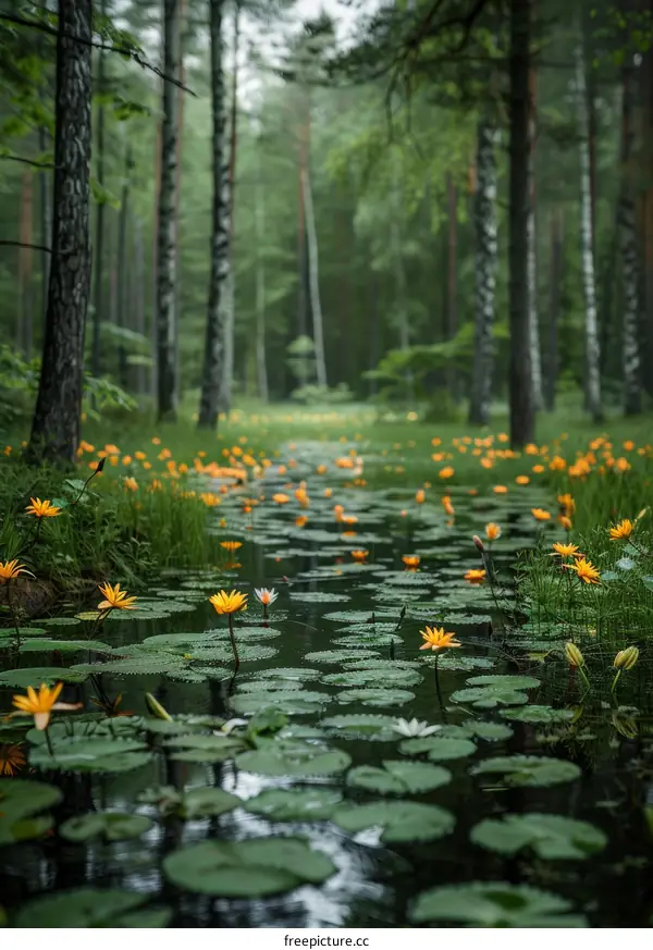 Mystical Forest Lake with Glowing Water Lilies