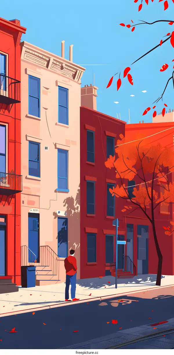 Autumn Day in the City with a Man Walking Down the Street