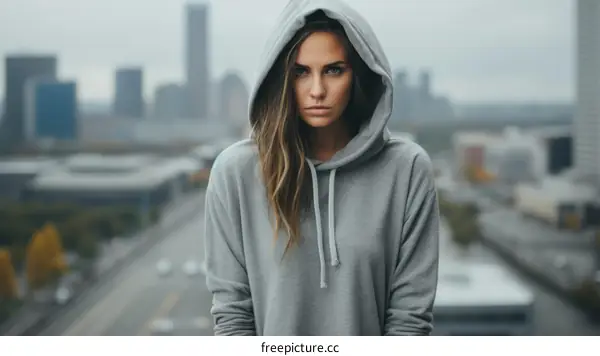Portrait of a young woman in a gray hoodie looking at the camera with a serious expression on her face