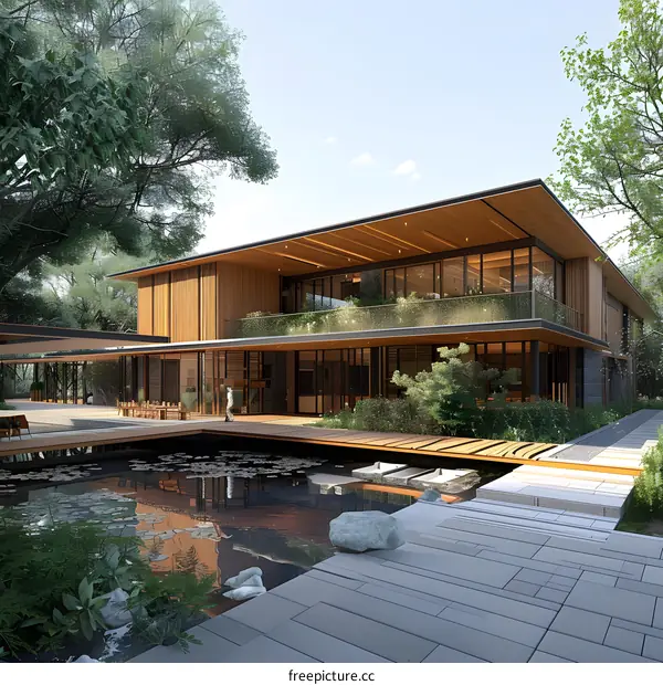 A modern house with a pond in front of it