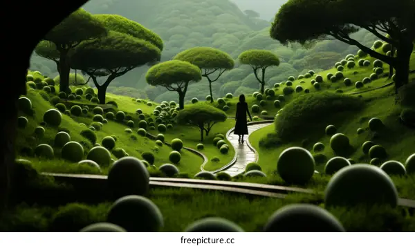 A woman walking through a surreal topiary garden