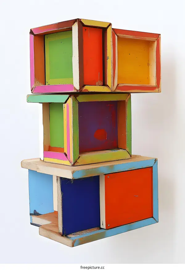 Colorful Wooden Boxes Stacked Sculpture